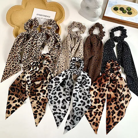 Retro Leopard Print Ribbon Scrunchies Silk Feel Long Tail Hair Bows Elegant Hair Accessories For Women Girls Daily Styling