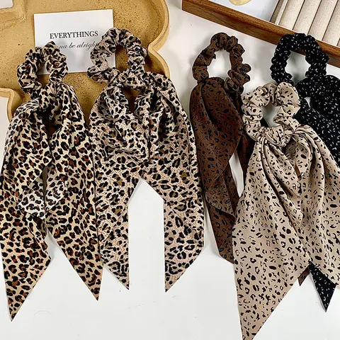 Retro Leopard Print Ribbon Scrunchies Silk Feel Long Tail Hair Bows Elegant Hair Accessories For Women Girls Daily Styling