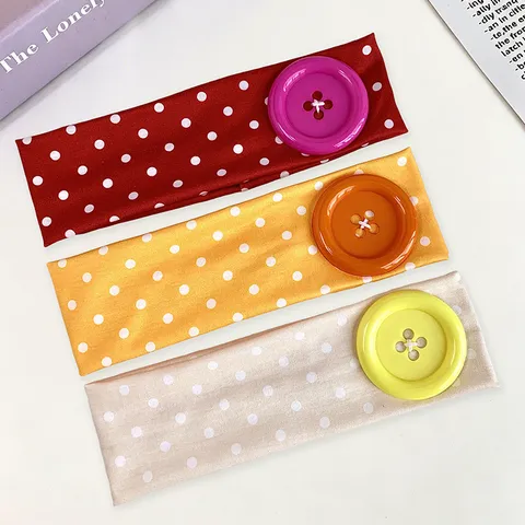 Women Fashion Polka Dot Elastic Headband With Large Button Sweet Daily Hair Accessories Casual Hair Band Headwear