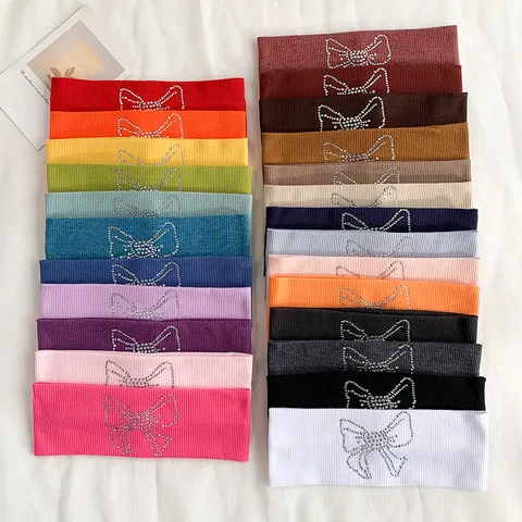 Dopamine Kleurrijk Strass Strik Haarband Gebreid Geribbelt Elastisch Antislip Veelzijdig Meisjesachtige Haaraccessoires