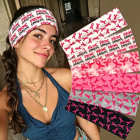 Bandeau Élastique Antidérapant pour Femmes Sensibilisation au Cancer du Sein Impression Ruban Rose Tissu Doux Bande de Cheveux Coiffe de Sport Quotidienne