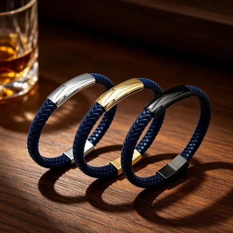 Herren Business Lässig Geflochtenes Lederarmband Edelstahl Gebogene Platte Magnetverschluss Mode Armband Schmuck