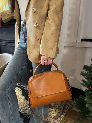 Vintage Cuero Auténtico Bolso Boston Para Mujer Suave Curtido Vegetal Asa Superior Satchel Hombro Bandolera Diario Conmutación