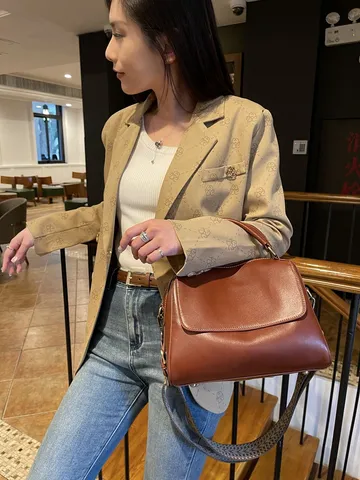 Vintage Cuero Auténtico Bolso Boston Para Mujer Suave Curtido Vegetal Asa Superior Satchel Hombro Bandolera Diario Conmutación