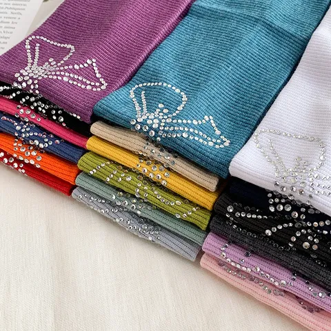 Dopamine Kleurrijk Strass Strik Haarband Gebreid Geribbelt Elastisch Antislip Veelzijdig Meisjesachtige Haaraccessoires