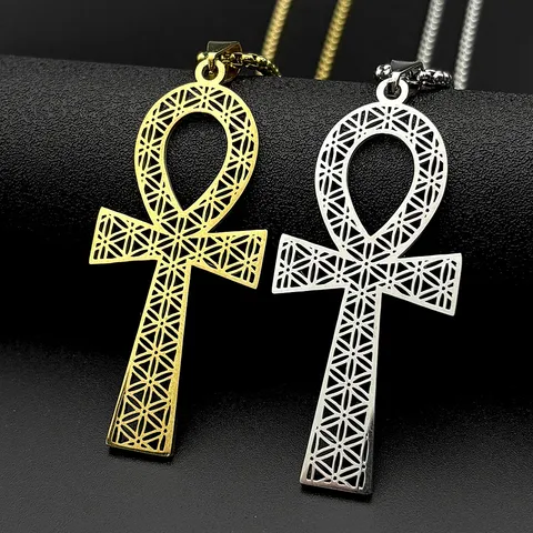 Vintage Stainless Steel Ankh Cross Pendant Necklace For Unisex Retro Hip Hop Flower Of Life Jewelry Gift