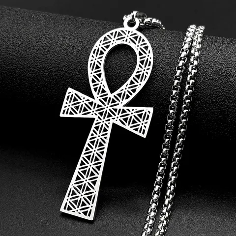 Vintage Stainless Steel Ankh Cross Pendant Necklace For Unisex Retro Hip Hop Flower Of Life Jewelry Gift