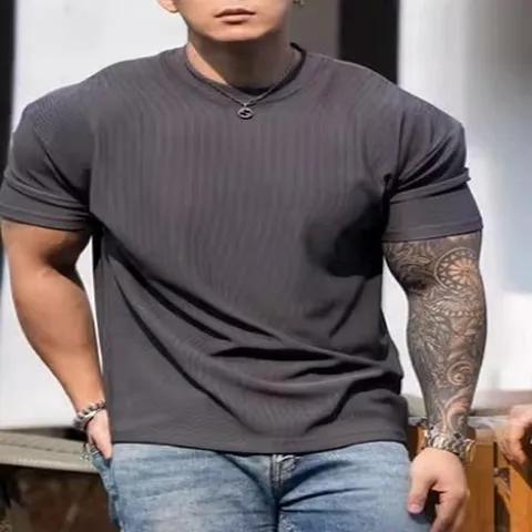 Men's Heavyweight Textured T-Shirt Quick Dry Fitness Gym Top Shoulder Pad Athletic Loose Fit Short Sleeve T-Shirt