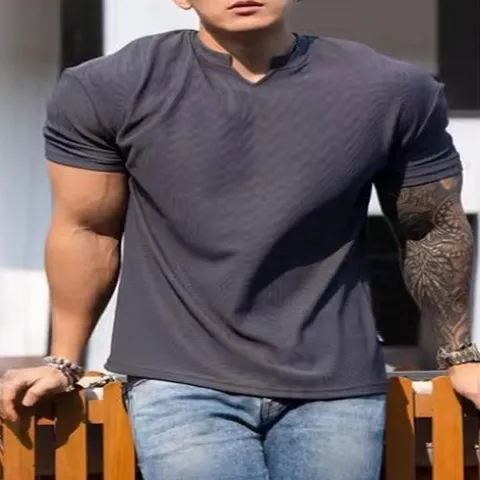 Men's Heavyweight Textured T-Shirt Quick Dry Fitness Gym Top Shoulder Pad Athletic Loose Fit Short Sleeve T-Shirt