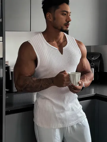 Men's Knitted Striped Tank Top V Neck Slim Fit Breathable Polyester Sport Vest Top Summer Sleeveless Undershirt For Gym Daily