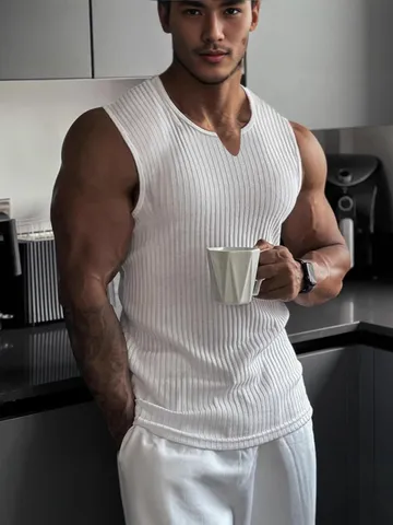 Men's Knitted Striped Tank Top V Neck Slim Fit Breathable Polyester Sport Vest Top Summer Sleeveless Undershirt For Gym Daily
