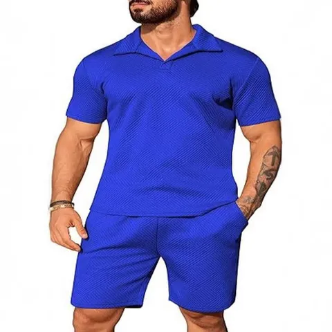 Men's Two Piece Casual Set Textured Short Sleeve Polo Shirt And Shorts Suit Breathable Polyester Summer Sportswear Outfit