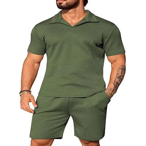 Men's Two Piece Casual Set Textured Short Sleeve Polo Shirt And Shorts Suit Breathable Polyester Summer Sportswear Outfit