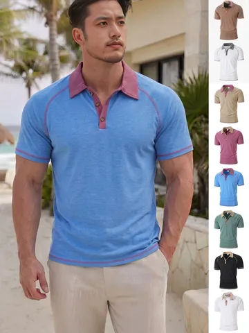 Men's Casual Polo Shirt Short Sleeve Contrast Collar Patchwork Breathable Polyester Summer Urban Top For Men