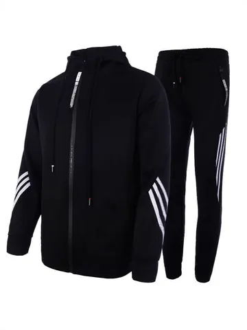 Men's Sportswear Tracksuit Casual Hooded Jacket Zip Up Top And Bottom Striped Pants Set Sporty Two Piece Outfit For Jogging Fitness Training
