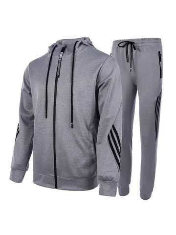 Men's Sportswear Tracksuit Casual Hooded Jacket Zip Up Top And Bottom Striped Pants Set Sporty Two Piece Outfit For Jogging Fitness Training