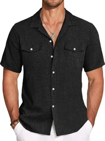 Men's Casual Cotton Blend Linen Shirt Summer Short Sleeve Turn-down Collar Loose Fit Solid Color Button-down Top