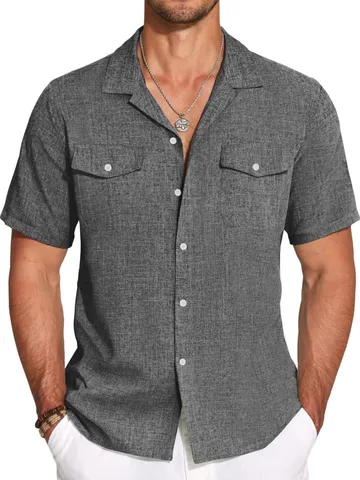 Men's Casual Cotton Blend Linen Shirt Summer Short Sleeve Turn-down Collar Loose Fit Solid Color Button-down Top