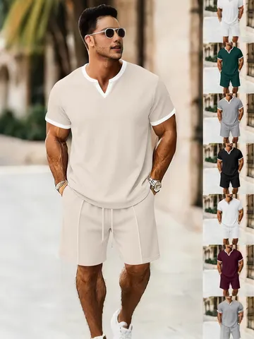 Maglietta a Manica Corta con Scollo a V in Maglia Waffle Casual da Uomo e Pantaloncini Top e Inferiore Abbigliamento Sportivo Estivo