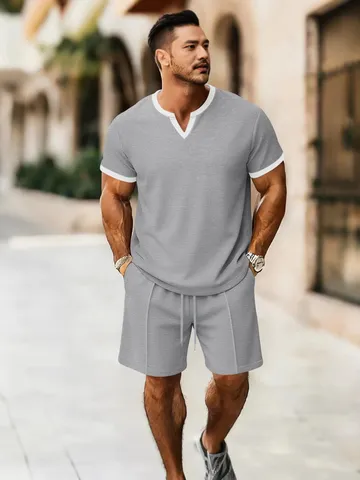 Maglietta a Manica Corta con Scollo a V in Maglia Waffle Casual da Uomo e Pantaloncini Top e Inferiore Abbigliamento Sportivo Estivo