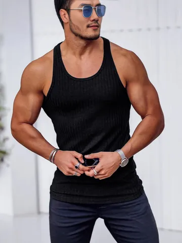 Men's Slim Fit Ribbed Knit Tank Top Vertical Striped Sleeveless Racerback Sport Undershirt For Fitness Gym Muscle Workout Top