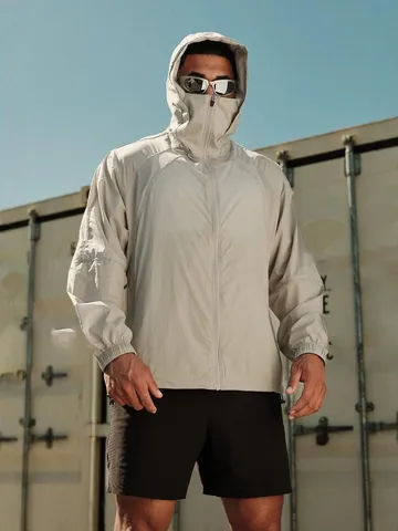 Veste de Protection Solaire à Capuche pour Hommes Top de Sport à Séchage Rapide Respirant Fermeture Éclair Manches Longues Vêtements de Sport pour Fitness Jogging Entraînement en Plein Air