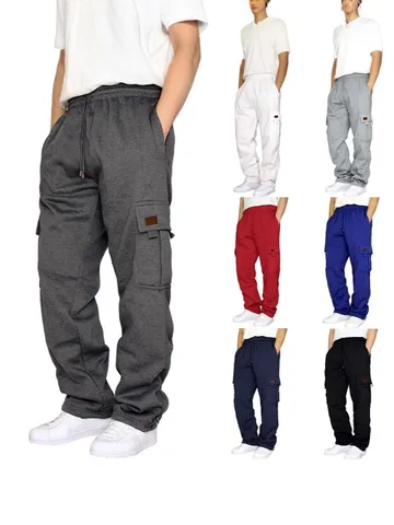 Men's Casual Cargo Sweatpants Fleece Lined Polyester Sport Trousers Multi Pockets Drawstring Cuffed Warm Fashion Joggers