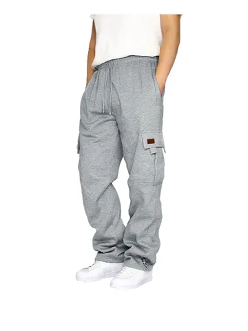 Men's Casual Cargo Sweatpants Fleece Lined Polyester Sport Trousers Multi Pockets Drawstring Cuffed Warm Fashion Joggers