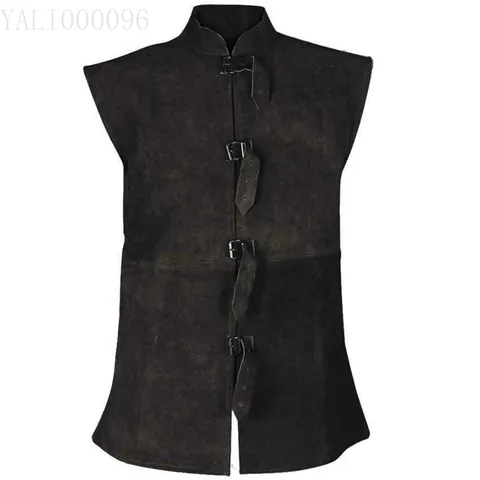 Men's Vintage Medieval Renaissance Suede Vest Stand Collar Metal Buckle Laced Up Waistcoat For Stage Performance