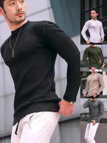 Men Long Sleeve Knit T-Shirt Loose Waffle Texture Crew Neck Pullover Grid Pattern Cotton Sporty Casual Tee Top For Teenagers