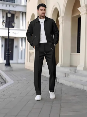 Men Casual Tracksuit Autumn Youth Zipper Waffle Grid Pocket Lapel Slim Fit Jacket And Casual Pants Set Fashion Sports Outfit