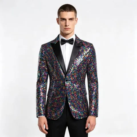 Men Fashion Sequins Suit Jacket Shiny Stage Performance Blazer Single Button Lapel Nightclub Party Outerwear