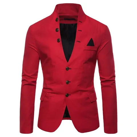 Veste de Costume Slim Casual en Mélange de Coton pour Hommes Col Officier Boutons Blazer