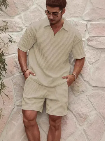 Men's Casual Waffle Grid Sports Tracksuit Short Sleeve Half Zip Polo Shirt And Shorts Two Piece Set Summer Outfit