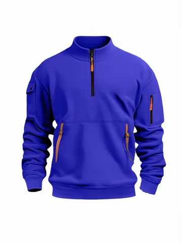 Men's Stand Collar Half Zip Sweatshirt Casual Long Sleeve Solid Color Pullover Top With Multi Pockets Fleece Lined