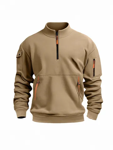 Men's Stand Collar Half Zip Sweatshirt Casual Long Sleeve Solid Color Pullover Top With Multi Pockets Fleece Lined