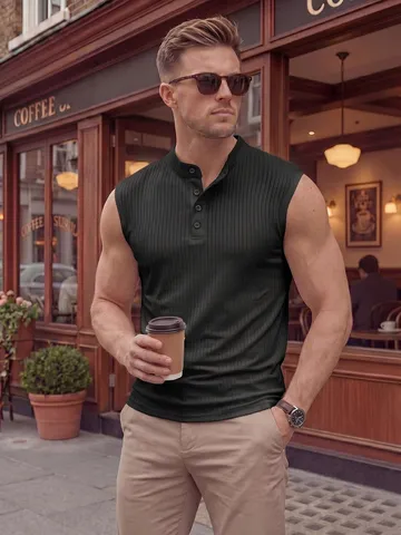 Men's Ribbed Knit Henley Tank Top Sleeveless Slim Fit Sports Vest With Buttons Summer Casual Polyester Spandex Top