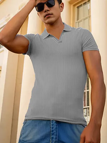 Men's Casual Slim Fit V Neck Short Sleeve Polo Shirt Vertical Striped Summer Athletic Top