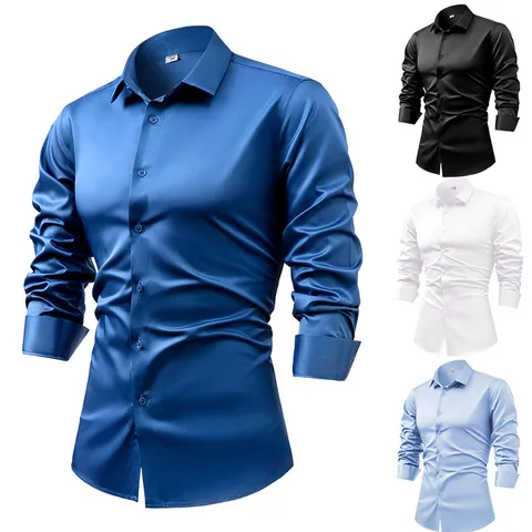Men Casual Silk Satin Long Sleeve Dress Shirt Business Formal Button Down Wrinkle Free Anti Wrinkle Solid Color Shirt