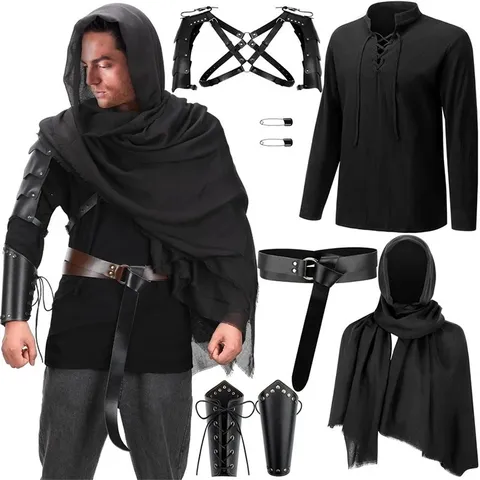 Ensemble de Costume de Renaissance Médiévale d'Halloween pour Hommes Chemise de Pirate Écharpe à Capuche Ceinture en Cuir PU