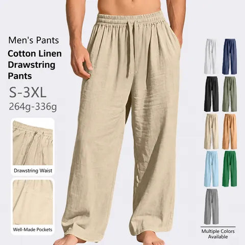 Men's Casual Linen Blend Loose Fit Straight Leg Pants Drawstring Elastic Waist Solid Color Breathable Summer Trousers
