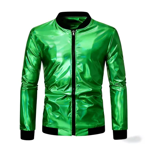 Chaqueta de Moda para Hombre Cuello Alzado Brillo Metálico Primavera Casual Manga Larga Cremallera Ligera A Prueba de Viento