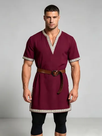 Men Medieval Knight Tunic Renaissance Mercenary Scottish Costume Short Sleeve V-Neck Embroidered LARP Halloween Top