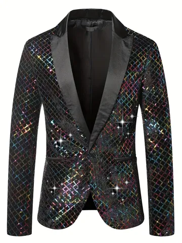 Men's Fashion Sequin Blazer Diamond Plaid Long Sleeve Lapel Single Button Suit Jacket Casual Party Outwear