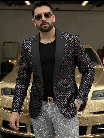Men's Fashion Sequin Blazer Diamond Plaid Long Sleeve Lapel Single Button Suit Jacket Casual Party Outwear