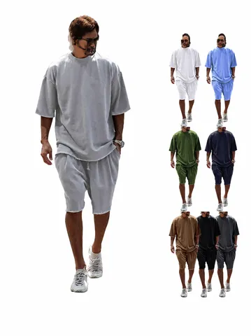 Men's Casual Sports Tracksuit Oversized Short Sleeve T-Shirt And Shorts Set Cotton Blend Summer Streetwear Outfit