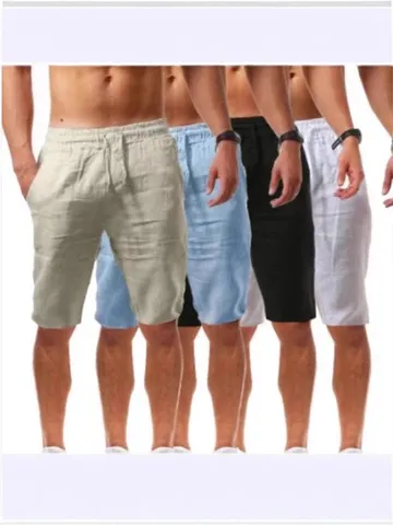 Men Casual Cotton Linen Shorts Summer Breathable Loose Fit Straight Leg Elastic Drawstring Solid Color Bottoms