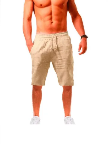 Men Casual Cotton Linen Shorts Summer Breathable Loose Fit Straight Leg Elastic Drawstring Solid Color Bottoms