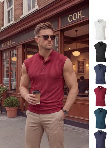 Men's Casual Slim Fit Knit Tank Top Summer Athletic Sleeveless Shirt Solid Vertical Striped Henley Vest
