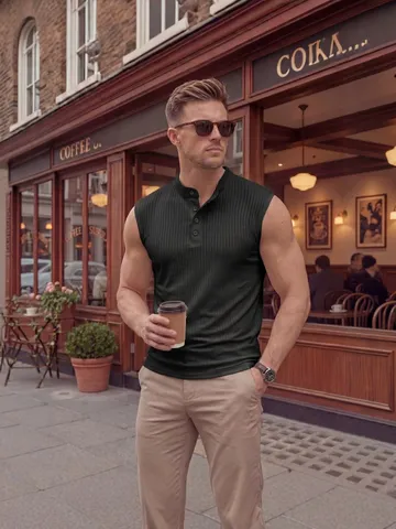 Men's Casual Slim Fit Knit Tank Top Summer Athletic Sleeveless Shirt Solid Vertical Striped Henley Vest